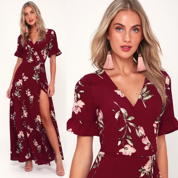 maroon floral wrap dress